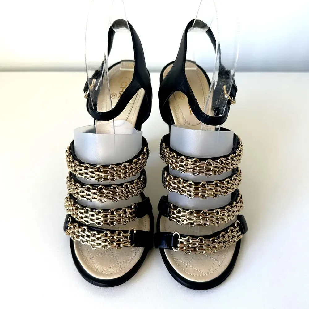 CHANEL CC Logo Black Lambskin Quilted Heels Gold Chain Strap Sandals IT 39